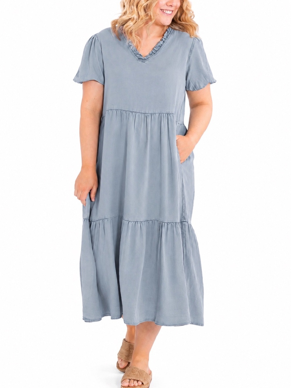 Hayden ruffle neck tiered midi dress, medium